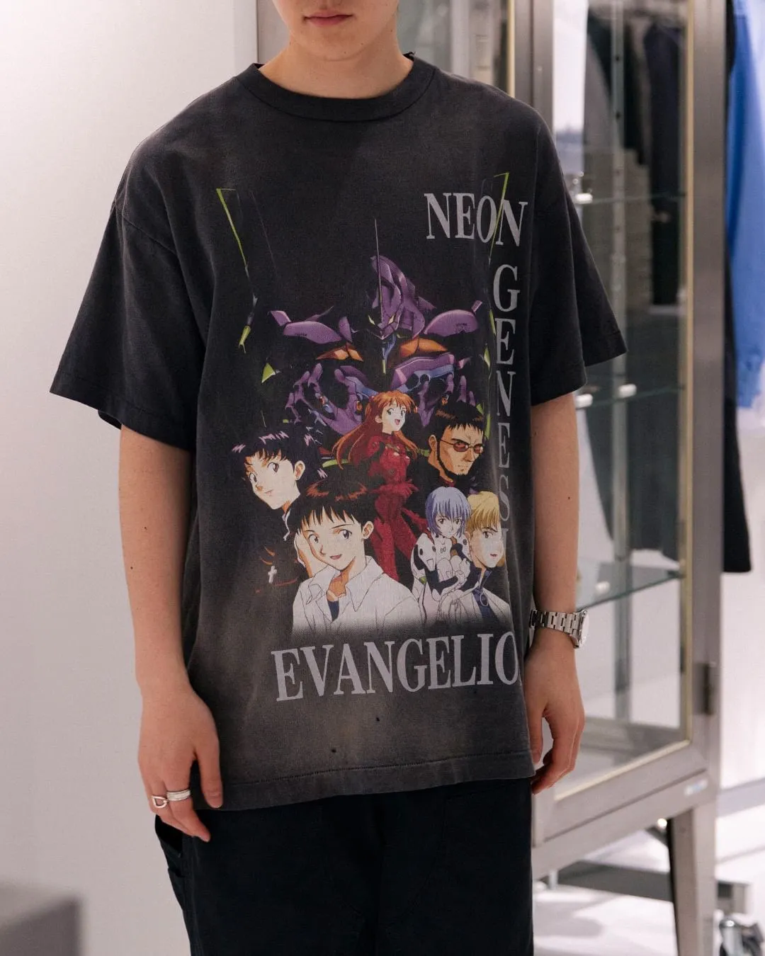SAINT Mxxxxxx × EVANGELION NEON GNSIS TEE/BLK co-branded Neon Genesis Evangelion distressed short-sleeves, washed black S-XL, vintage NEW VINTAGE, top printing technology, garment dyeing, re-washed, distressed, correct co-branded main mark/washing mark